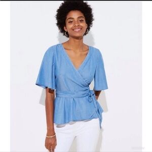 LOFT Chambray Wrap Top Short Flutter Sleeve V Neck Lyocell Blouse Small